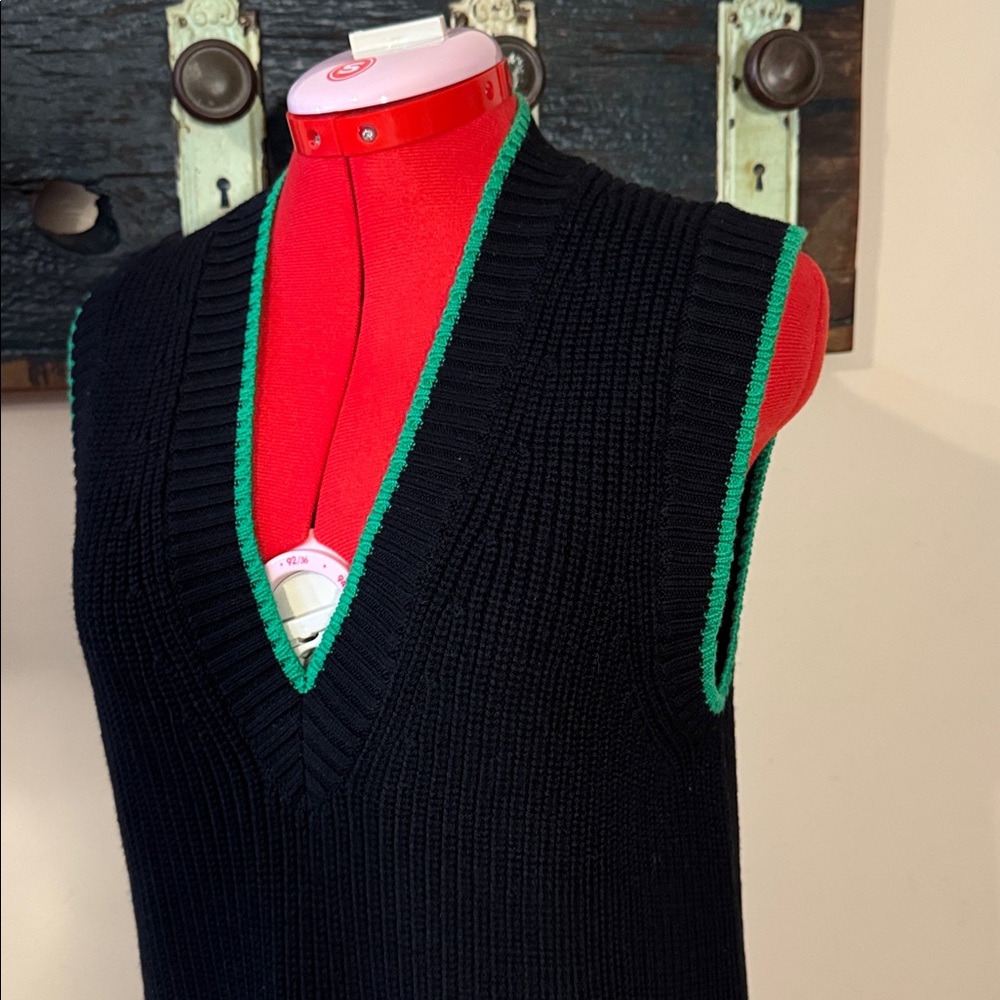Babaton Sherman Black Knit V-Neck Sleeveless Relaxed Fit Sweater with Green Trim - Picture 11 of 16